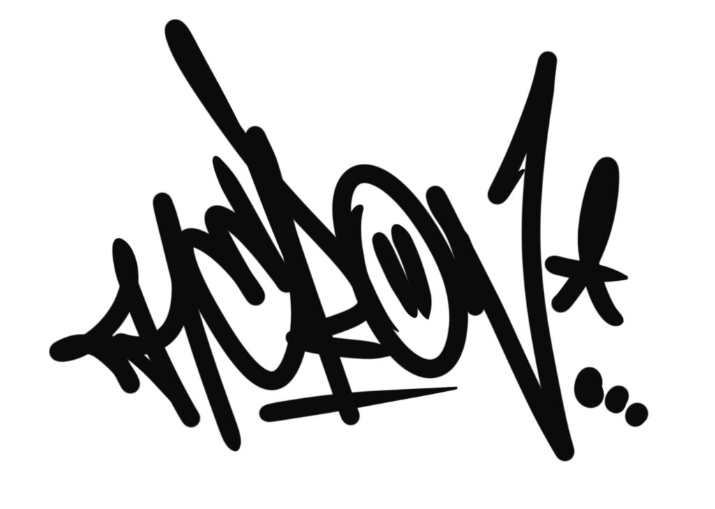 Black graffiti tag of the name 'THERON' in a stylized script.