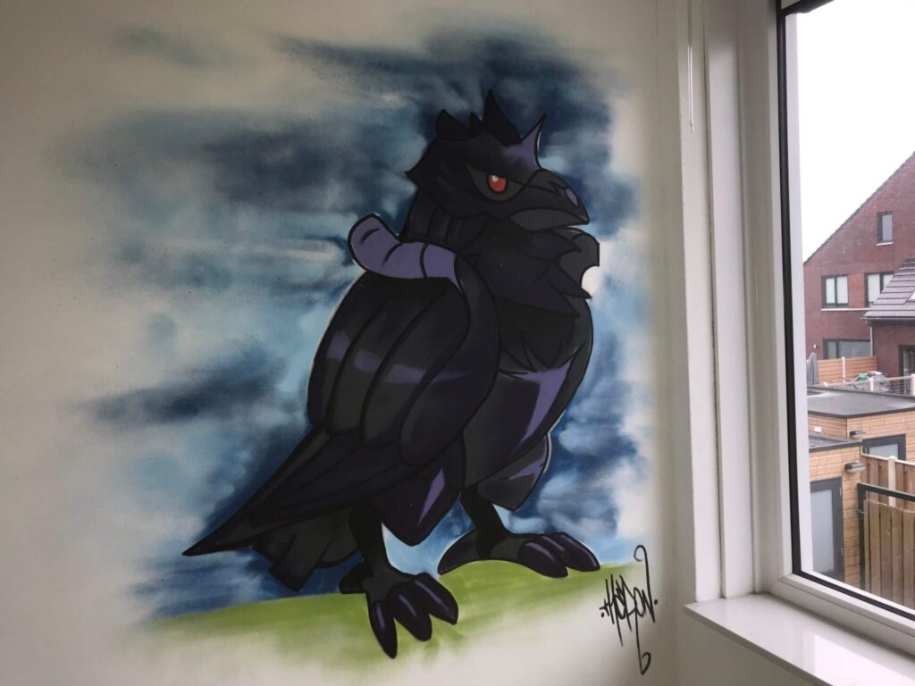 Theron sprayed a crow on the wall of his nephew's room with a spray can.