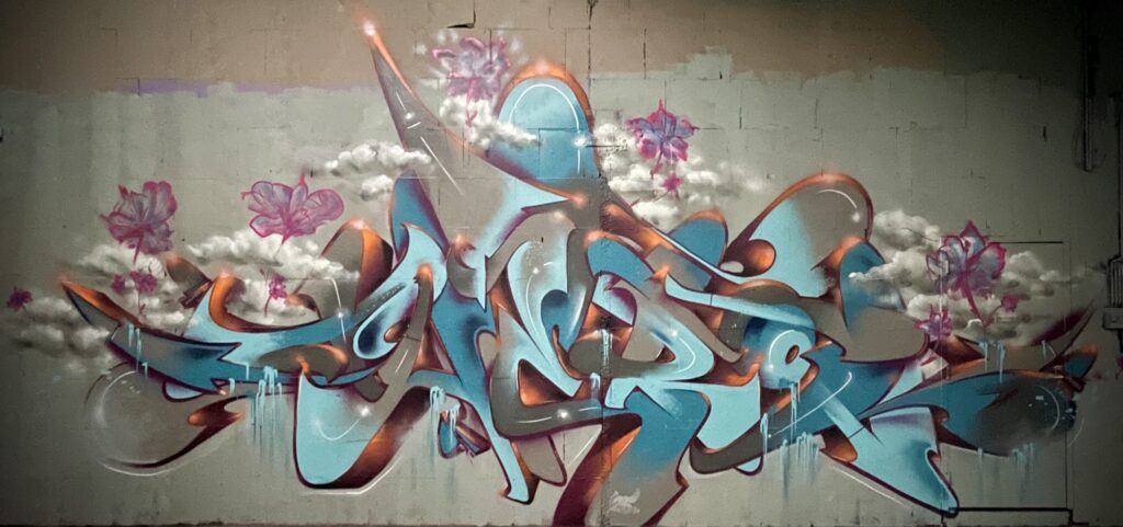 Graffiti Piece Theron in the clouds and transparant flowers