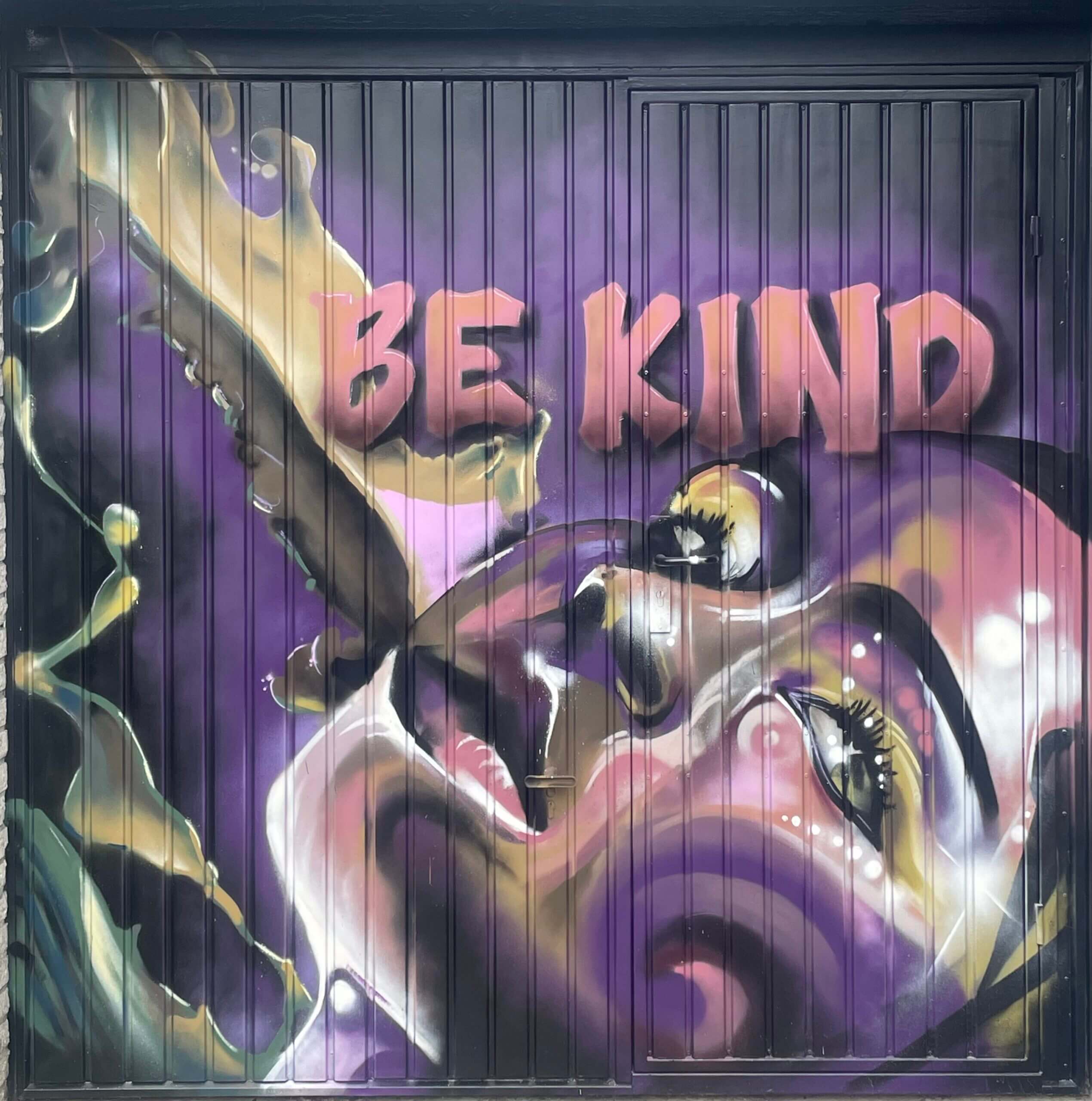 Friends of Theron asked if he could create a face on the garage door. He took a design by the talented artist MrCenz and crafted a different version. With carefully chosen unique colors by his friends, Theron got to work, and this is the stunning result.
A long cherished dream came true for his friends.